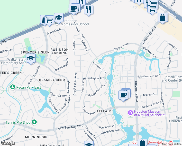 map of restaurants, bars, coffee shops, grocery stores, and more near 635 Doscher Lane in Sugar Land
