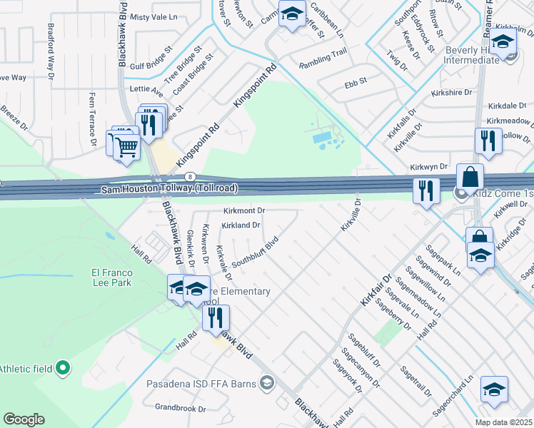 map of restaurants, bars, coffee shops, grocery stores, and more near 9123 Kirkmont Drive in Houston