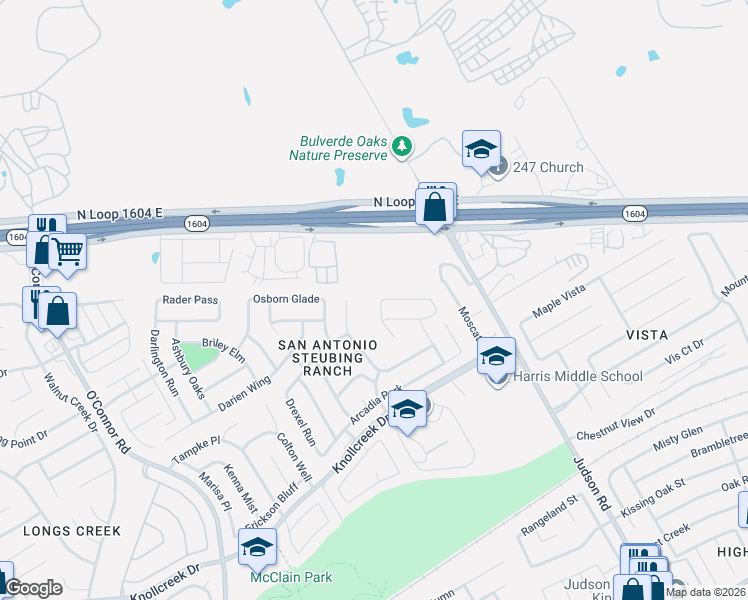 map of restaurants, bars, coffee shops, grocery stores, and more near 17234 Ashbury Lodge in San Antonio