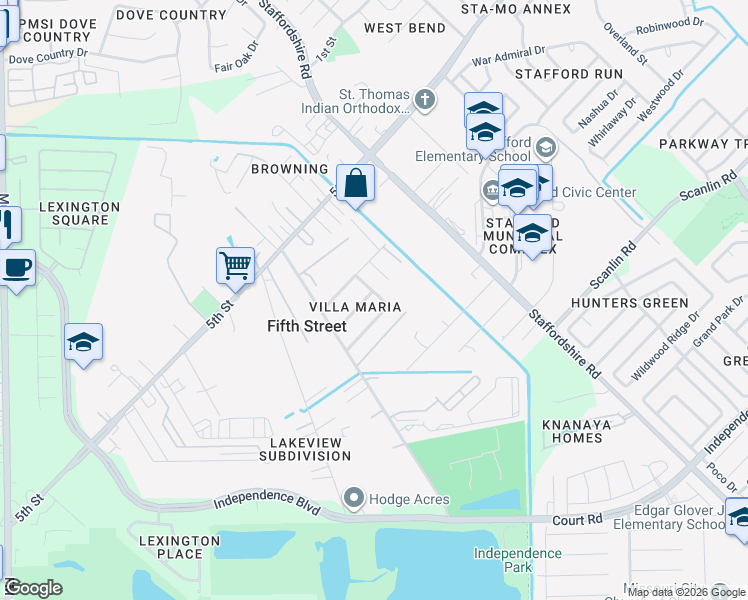 map of restaurants, bars, coffee shops, grocery stores, and more near 2803 Katherine Street in Stafford