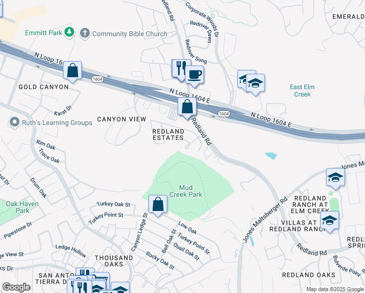 map of restaurants, bars, coffee shops, grocery stores, and more near 3110 Sonora Mesa in San Antonio