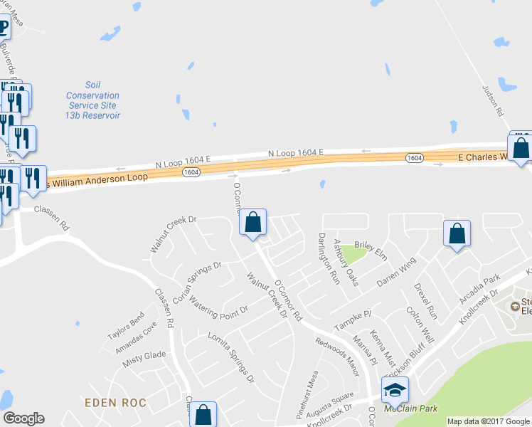 map of restaurants, bars, coffee shops, grocery stores, and more near 4939 Bending Trail in San Antonio