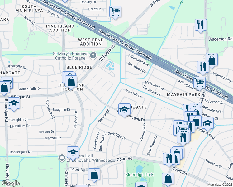 map of restaurants, bars, coffee shops, grocery stores, and more near 15715 Corsair Road in Houston