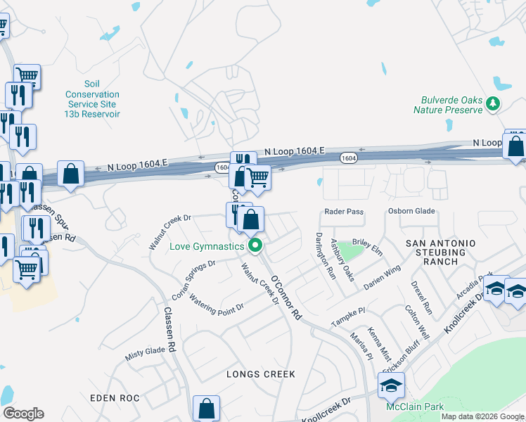 map of restaurants, bars, coffee shops, grocery stores, and more near 4939 Bending Trail in San Antonio