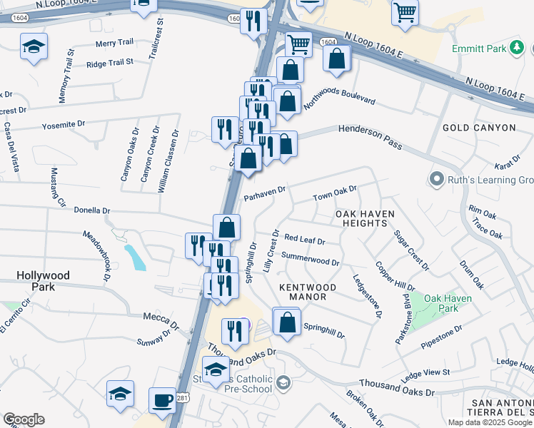 map of restaurants, bars, coffee shops, grocery stores, and more near 17302 Springhill Dr in San Antonio