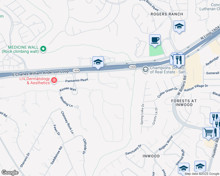 map of restaurants, bars, coffee shops, grocery stores, and more near 3300 North Loop 1604 West in San Antonio