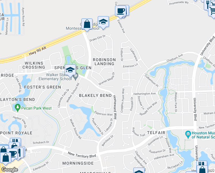map of restaurants, bars, coffee shops, grocery stores, and more near 6503 Oakburl Court in Sugar Land