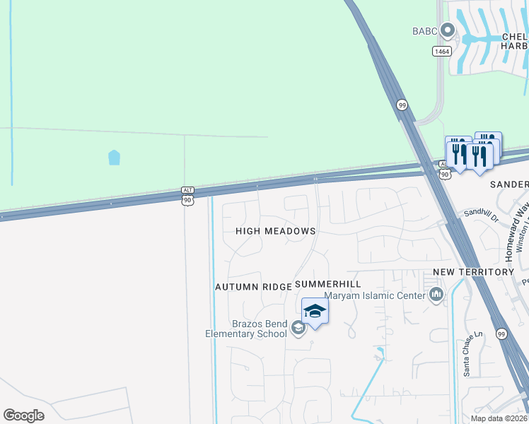 map of restaurants, bars, coffee shops, grocery stores, and more near 127 High Meadows Drive in Sugar Land