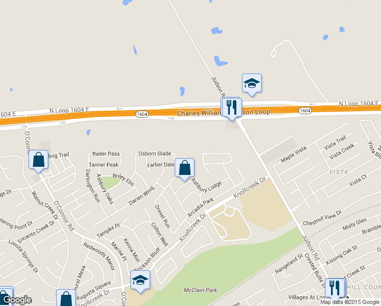 map of restaurants, bars, coffee shops, grocery stores, and more near 17234 Ashbury Lodge in San Antonio