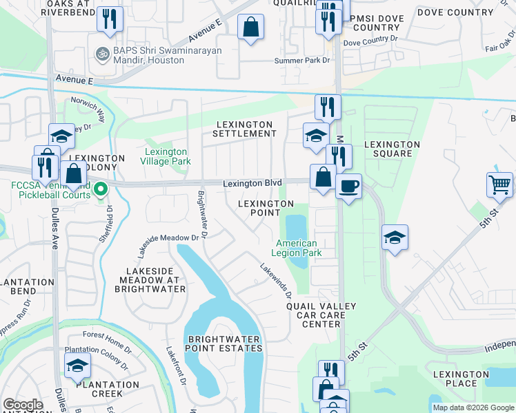 map of restaurants, bars, coffee shops, grocery stores, and more near 1327 Village Garden Drive in Missouri City