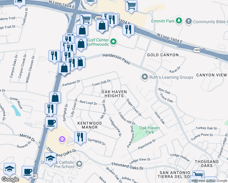map of restaurants, bars, coffee shops, grocery stores, and more near 17218 Mount Everest Drive in San Antonio