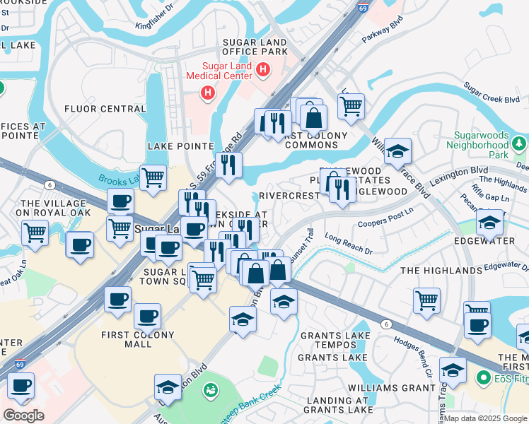 map of restaurants, bars, coffee shops, grocery stores, and more near 15700 Lexington Boulevard in Sugar Land