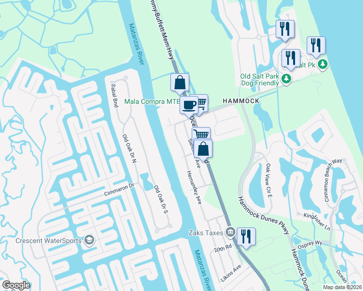 map of restaurants, bars, coffee shops, grocery stores, and more near 113 Hernandez Avenue in Palm Coast