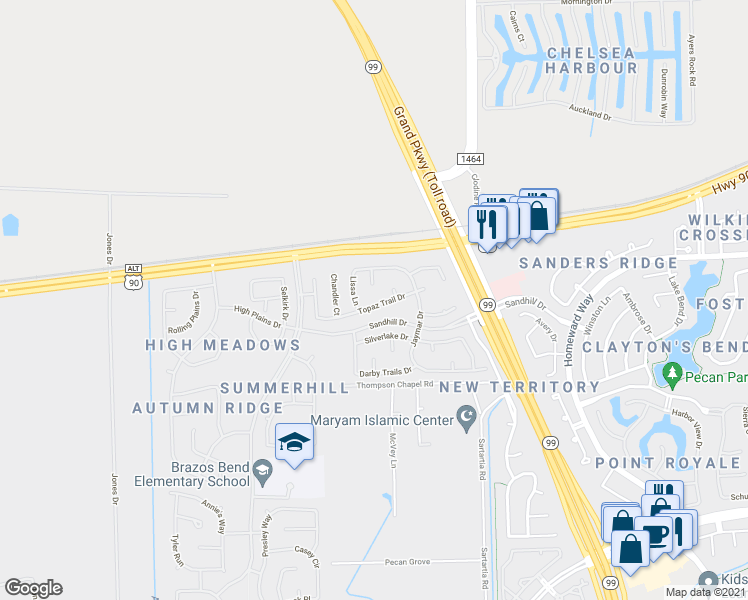 map of restaurants, bars, coffee shops, grocery stores, and more near 4523 Topaz Trail Drive in Sugar Land