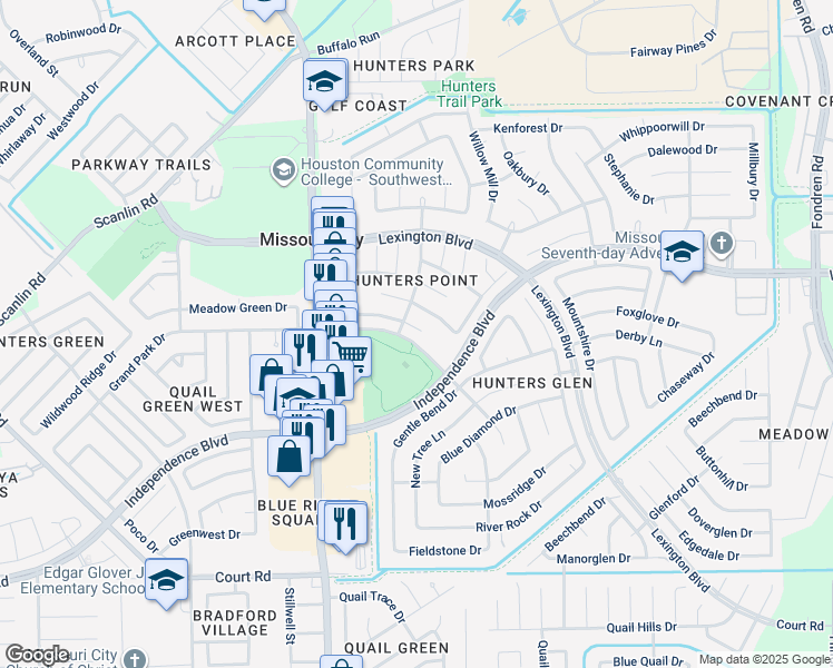 map of restaurants, bars, coffee shops, grocery stores, and more near 1211 Hollowood Lane in Missouri City