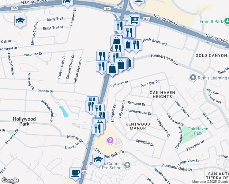 map of restaurants, bars, coffee shops, grocery stores, and more near 17302 Springhill Drive in San Antonio