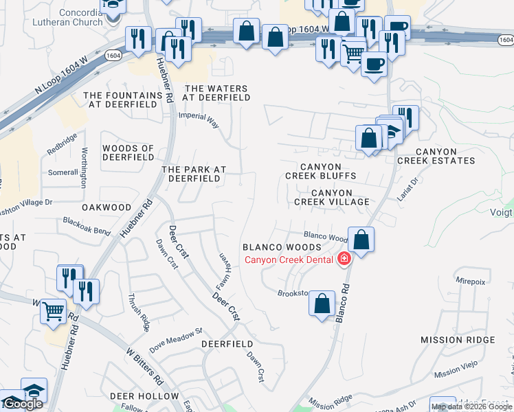 map of restaurants, bars, coffee shops, grocery stores, and more near 17210 Fawn Cove in San Antonio