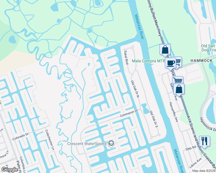 map of restaurants, bars, coffee shops, grocery stores, and more near 4 Creek Ct in Palm Coast