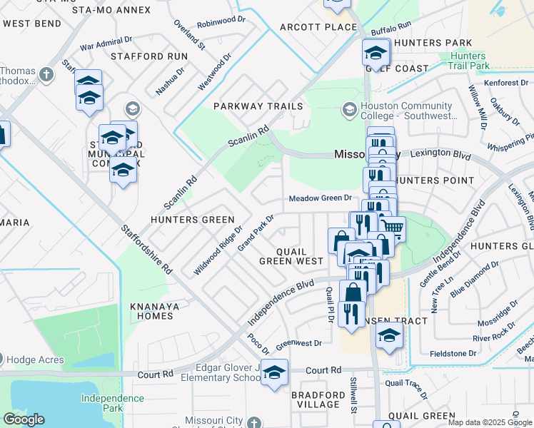 map of restaurants, bars, coffee shops, grocery stores, and more near 1818 Grand Park Drive in Missouri City