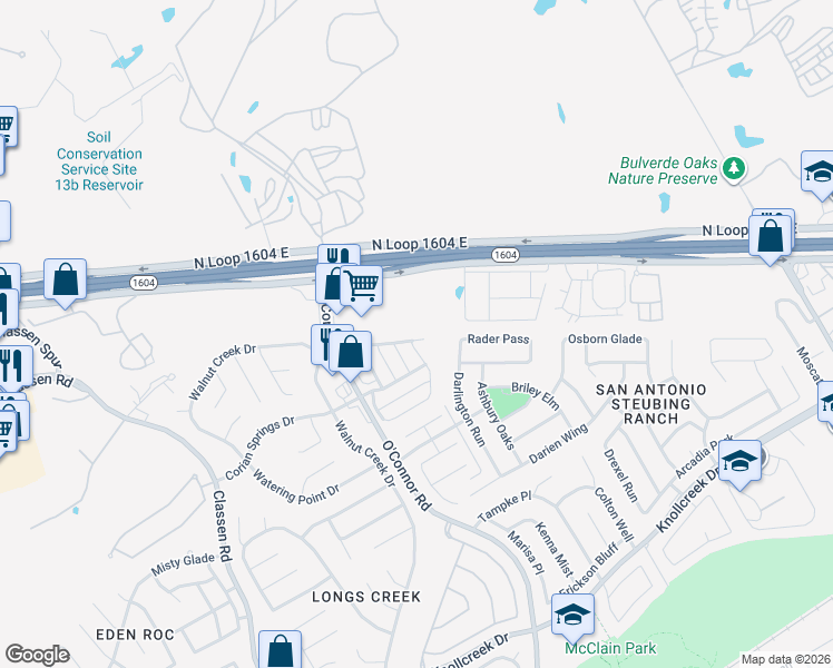 map of restaurants, bars, coffee shops, grocery stores, and more near 5039 Bending Trail in San Antonio