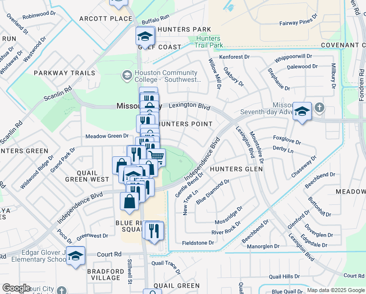 map of restaurants, bars, coffee shops, grocery stores, and more near 1211 Hollowood Lane in Missouri City