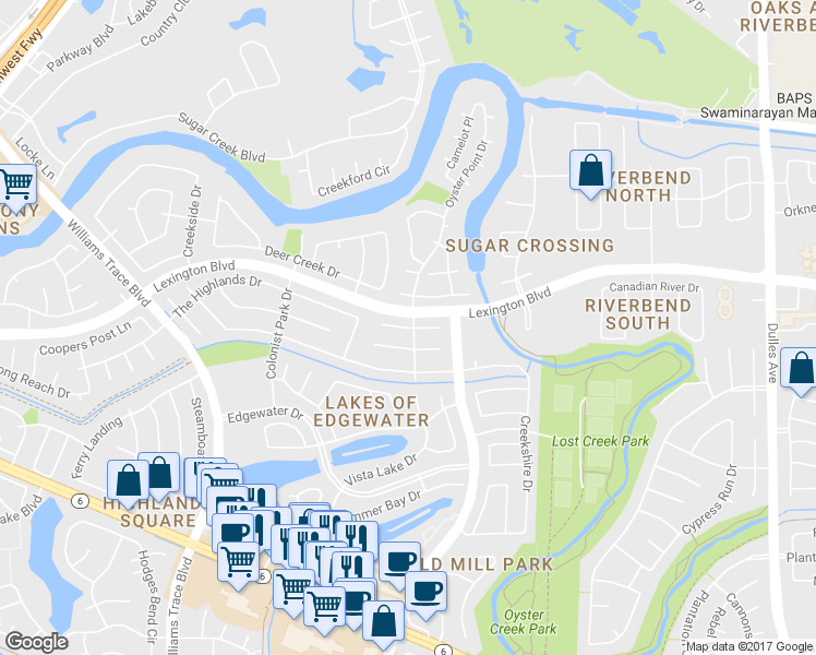 map of restaurants, bars, coffee shops, grocery stores, and more near 3327 Cannon Pass Court in Sugar Land