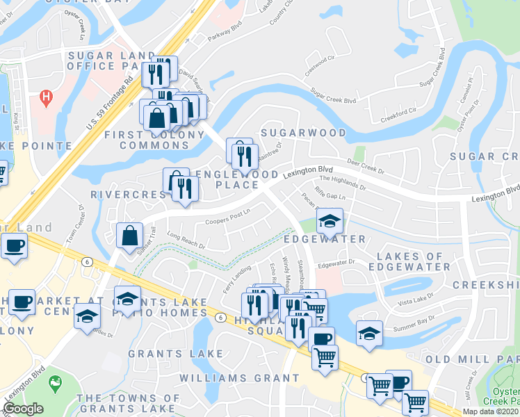 map of restaurants, bars, coffee shops, grocery stores, and more near 2646 Coopers Post Lane in Sugar Land
