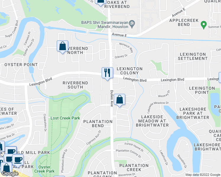 map of restaurants, bars, coffee shops, grocery stores, and more near 1502 Dulles Avenue in Sugar Land