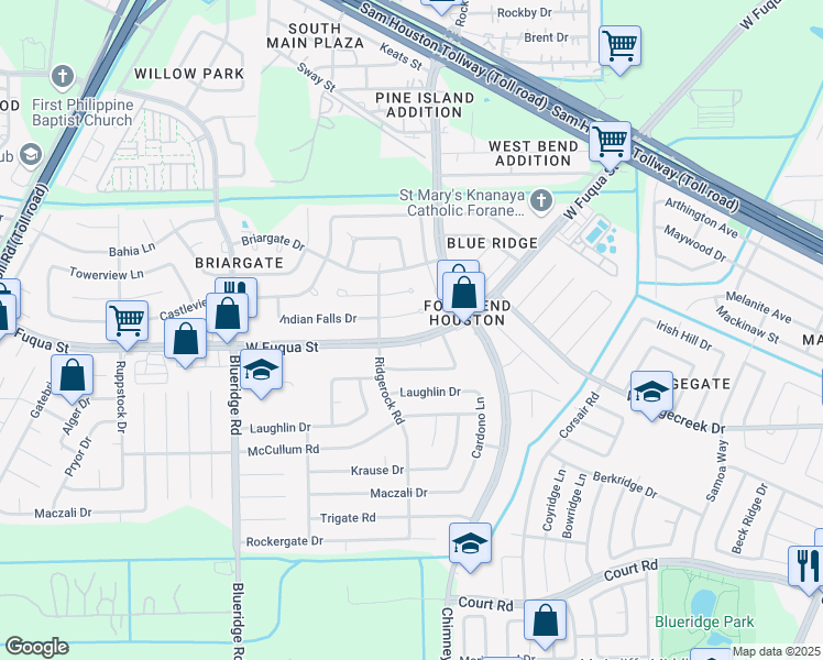 map of restaurants, bars, coffee shops, grocery stores, and more near 6644 West Fuqua Street in Missouri City