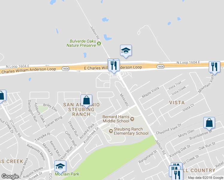 map of restaurants, bars, coffee shops, grocery stores, and more near 17226 Wayland Run in San Antonio