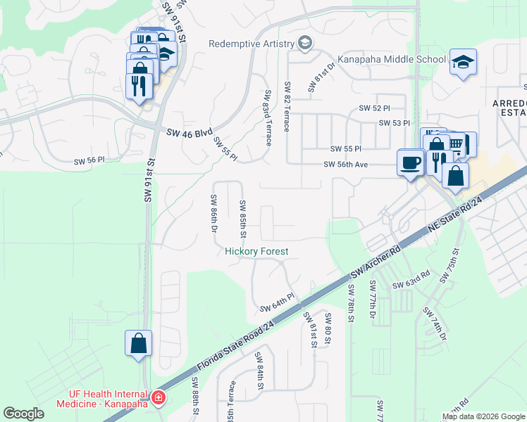 map of restaurants, bars, coffee shops, grocery stores, and more near 5914 Southwest 84th Street in Gainesville