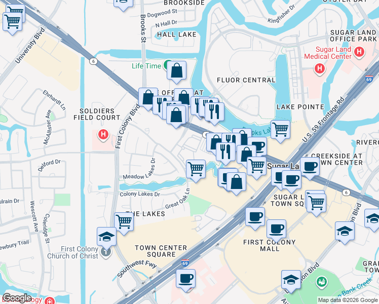 map of restaurants, bars, coffee shops, grocery stores, and more near 225 Fluor Daniel Drive in Sugar Land