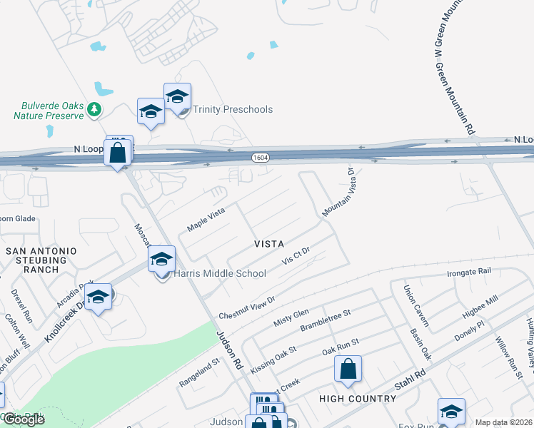 map of restaurants, bars, coffee shops, grocery stores, and more near 5419 Vista Creek in San Antonio