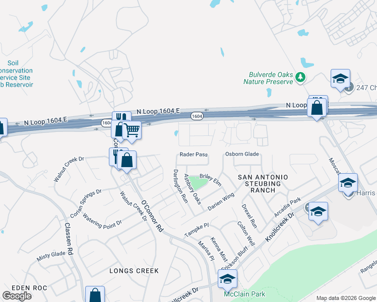 map of restaurants, bars, coffee shops, grocery stores, and more near 4631 Rader Pass in San Antonio
