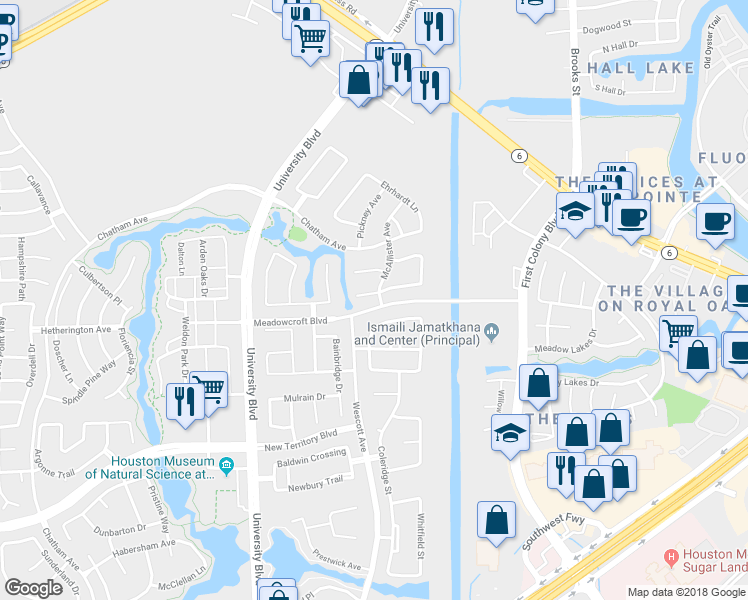 map of restaurants, bars, coffee shops, grocery stores, and more near 7618 Marburg Court in Sugar Land