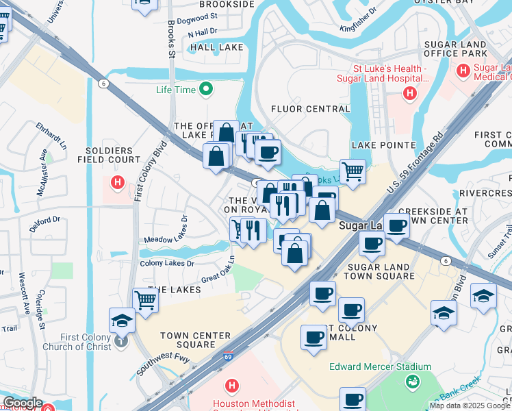 map of restaurants, bars, coffee shops, grocery stores, and more near 1600 Highway 6 in Sugar Land