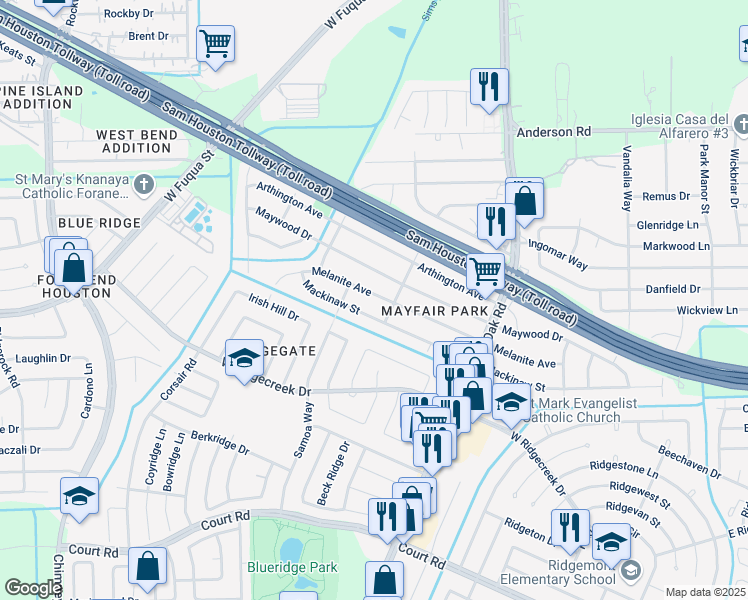 map of restaurants, bars, coffee shops, grocery stores, and more near 5713 Melanite Street in Houston