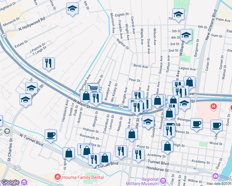 map of restaurants, bars, coffee shops, grocery stores, and more near 204 Mc Kinley Street in Houma