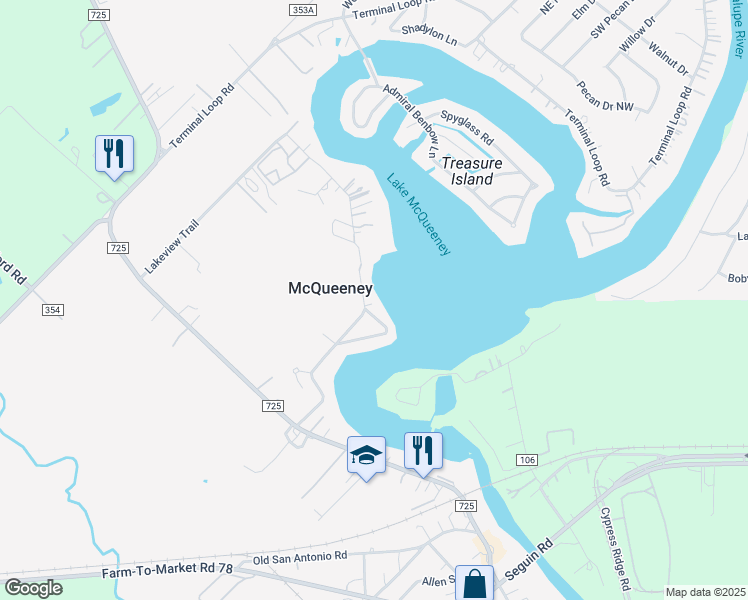 map of restaurants, bars, coffee shops, grocery stores, and more near 523 Ski Lodge Road in McQueeney