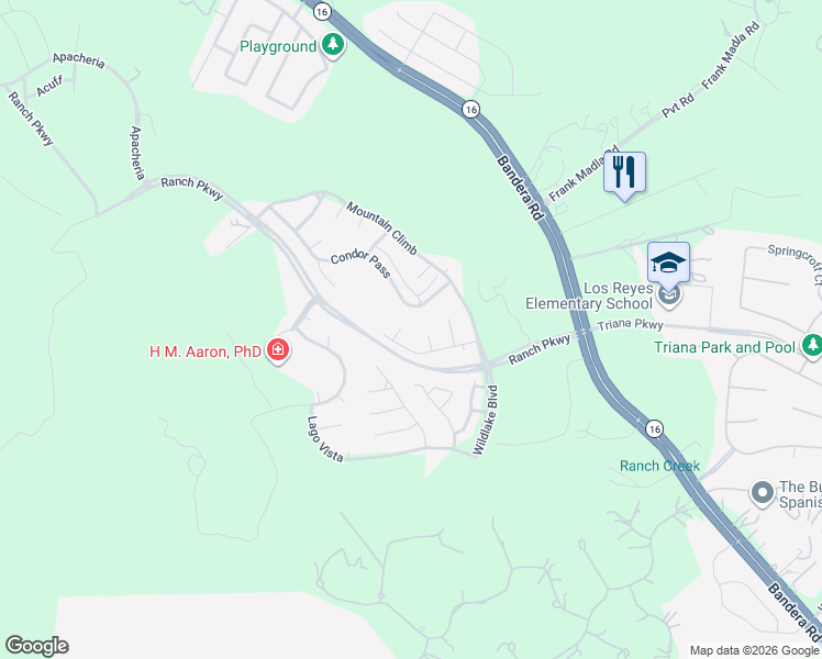 map of restaurants, bars, coffee shops, grocery stores, and more near 16818 Laurel Mont in Helotes