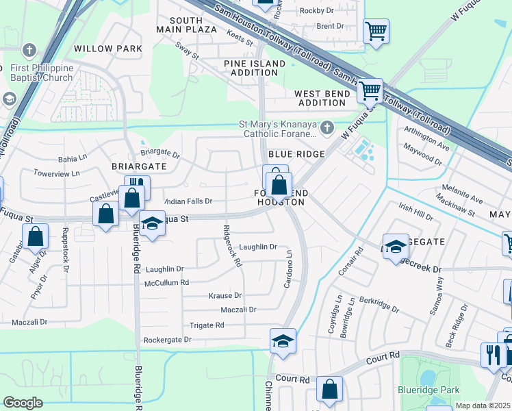 map of restaurants, bars, coffee shops, grocery stores, and more near 6644 West Fuqua Street in Missouri City