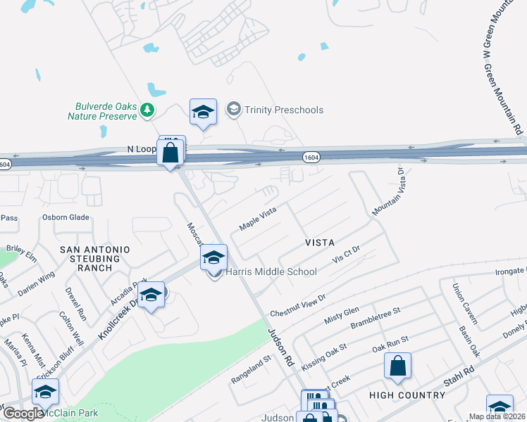 map of restaurants, bars, coffee shops, grocery stores, and more near 5355 Maple Vista in San Antonio