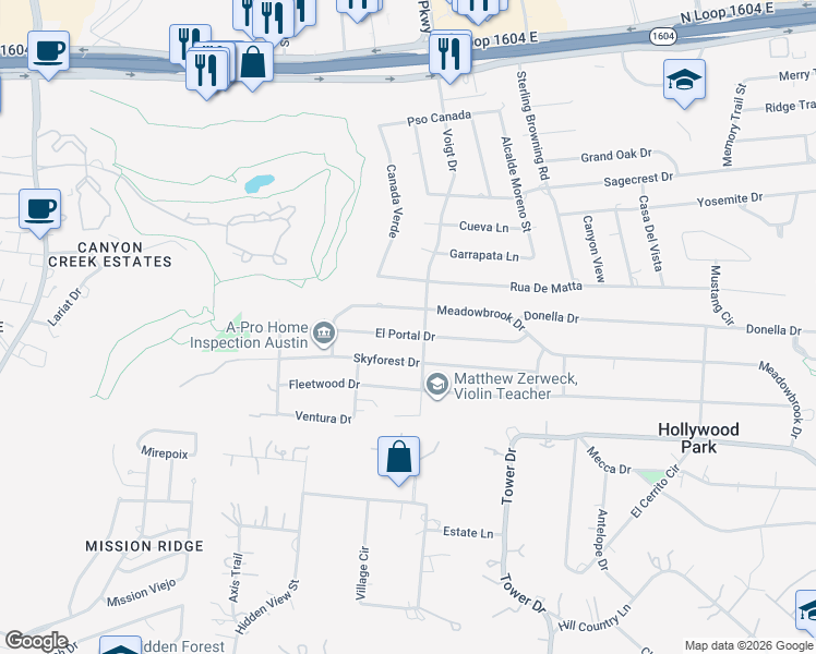 map of restaurants, bars, coffee shops, grocery stores, and more near 413 El Portal Drive in San Antonio