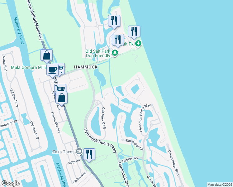 map of restaurants, bars, coffee shops, grocery stores, and more near 29 Hammock Beach Parkway in Palm Coast