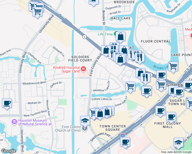 map of restaurants, bars, coffee shops, grocery stores, and more near 1510 Meadow Glade Court in Sugar Land