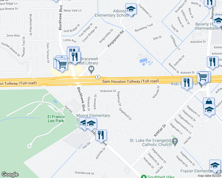 map of restaurants, bars, coffee shops, grocery stores, and more near 9043 Kirkmont Drive in Houston
