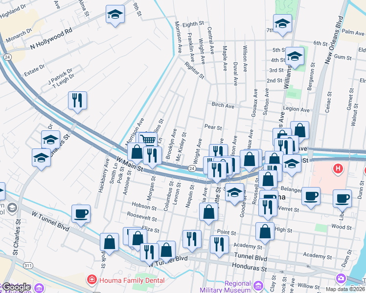 map of restaurants, bars, coffee shops, grocery stores, and more near 204-256 Mckinley Street in Houma