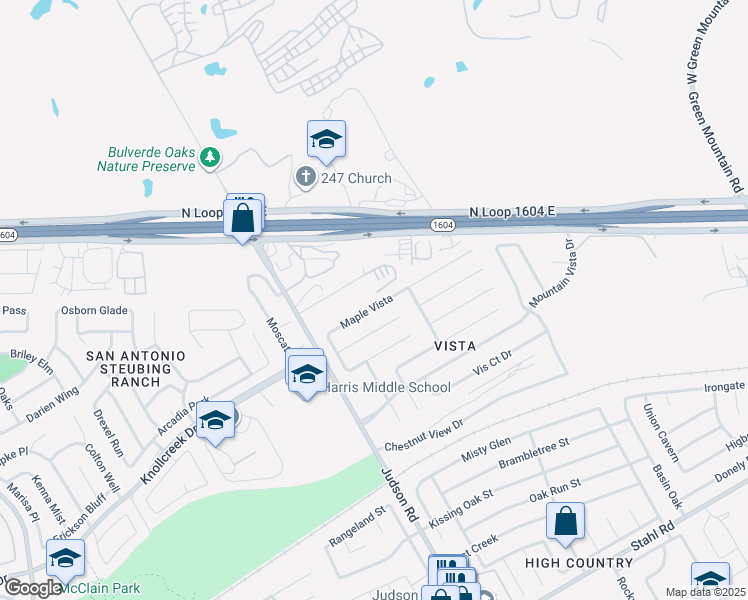 map of restaurants, bars, coffee shops, grocery stores, and more near 5355 Maple Vista in San Antonio