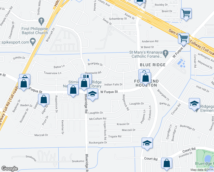 map of restaurants, bars, coffee shops, grocery stores, and more near 6819 Indian Falls Drive in Missouri City