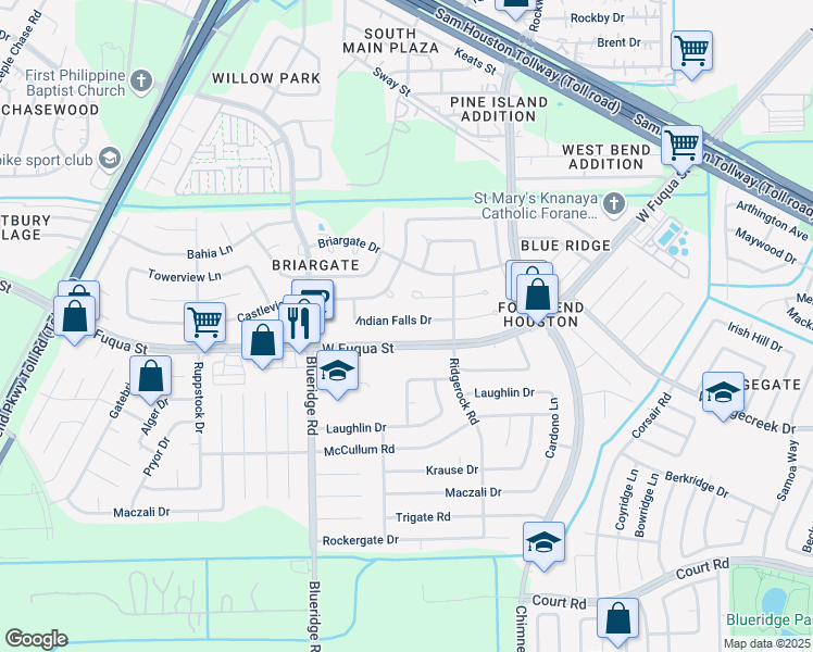 map of restaurants, bars, coffee shops, grocery stores, and more near 6807 Indian Falls Drive in Missouri City